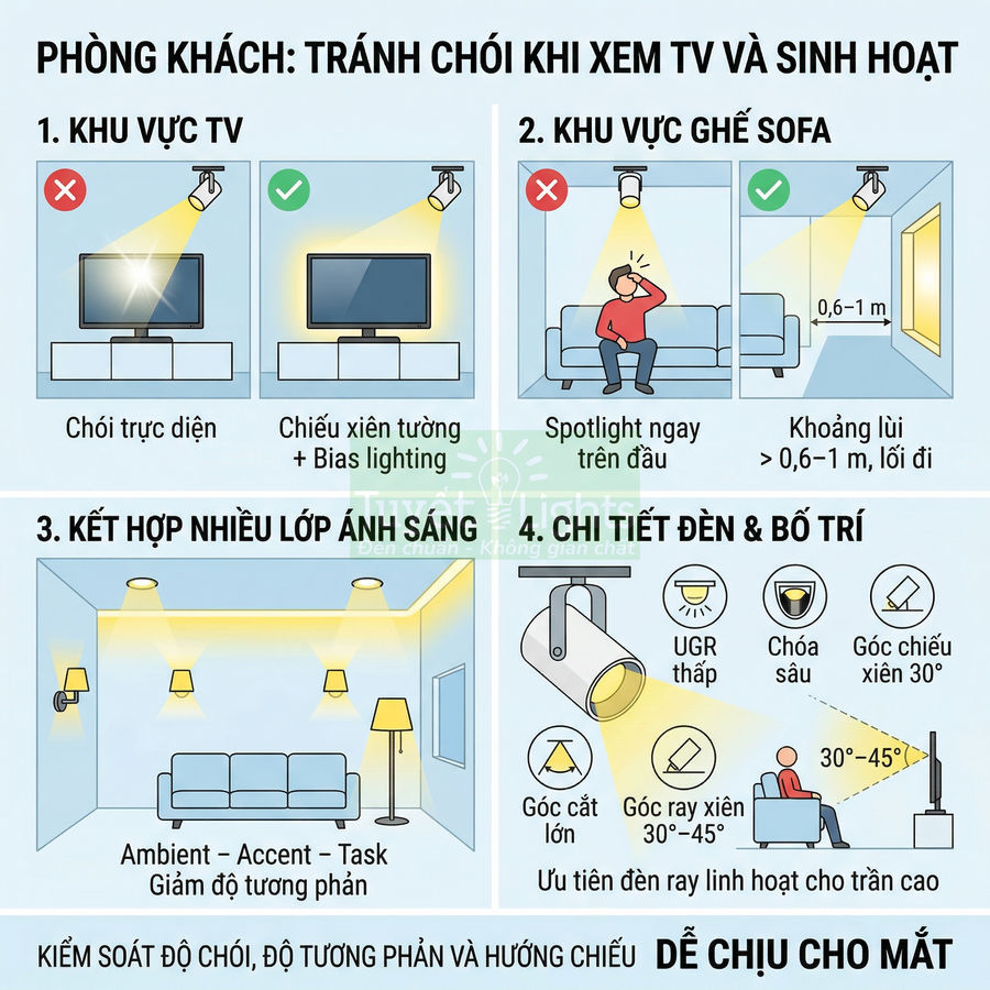 Hướng dẫn bố trí đèn chiếu sáng phòng khách tránh chói khi xem TV và sinh hoạt